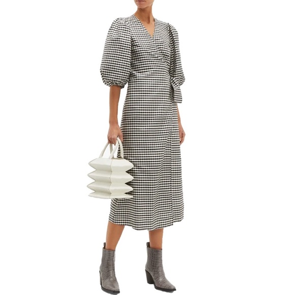 Ganni Gingham Silk-Crepe Wrap Dress Sz 38 / M - Picture 2 of 6